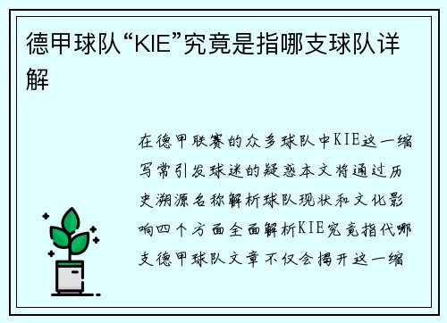 德甲球队“KIE”究竟是指哪支球队详解